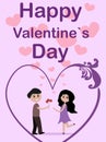 Valentine\'s Day card. Pink childrens greeting card. The guy gives flowers to the girl. Arch in the form of a heart