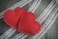 Valentine`s day card. Red felt heart on lace and wooden table background with copy space. Royalty Free Stock Photo