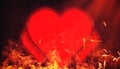 Valentine`s day Card with red hearts on isolated fire particles embers background with copyspace