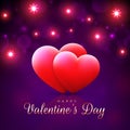 Valentine`s day card, red hearts on magenta, purple background with bright lights. Happy valentine day banner. Invitation