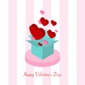 Valentine`s Day card red and pink heart shape from blue gift box on pink white stripped pattern background