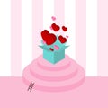 Valentine`s Day card red and pink heart shape from blue gift box on pink white stripped pattern background