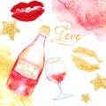 Valentine`s day card with rose wine and wine glass. Festive romantic background