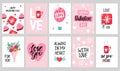 Valentine`s Day card set with hand draw lettering and cute elements. Cards, posters, brochures. Ideal for Valentine`s Day, wedding