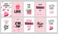 Valentine`s Day card set with hand draw lettering and cute elements. Cards, posters, brochures. Ideal for Valentine`s Day, wedding