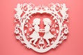 Valentine's Day card in the style of laser cutting, paper cutting in the form of two openwork angels in a heart Royalty Free Stock Photo