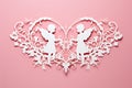 Valentine\'s Day card in the style of laser cutting, paper cutting in the form of two openwork angels in a heart Royalty Free Stock Photo