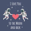 Valentine`s day card template. Couple of astronauts holding a heart. Royalty Free Stock Photo