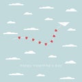 Valentine's day card template with paper plane and hearts symbol flying above clouds in the sky.
