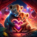 Lion Cubs hugging heart Valentine\'s day card with tiger and lion cubs in love AI generated animal ai Royalty Free Stock Photo