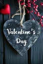 Valentine`s Day card, vintage wooden heart shape and red decorations on dark wood background. Rustic design with handmade Royalty Free Stock Photo