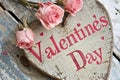 Valentine`s Day card with wooden heart shape and elegant lettering on vintage wood background. Pink rose flowers, romantic rustic Royalty Free Stock Photo