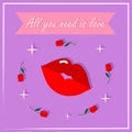 Valentine`s day cards with lips, roses and stars on a purple background. Greeting card design, we All need love Royalty Free Stock Photo