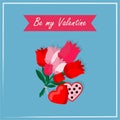 Valentine`s day cards with roses, a box of chocolates, a heart on a blue background. Greeting card design, be my