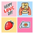 Valentine's day cards set. Hand drawn Colored trendy illustration. Romantic vector posters with camera, phone in hand