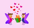 Valentine`s Day. Cartoon elf boy giving girl a gift box. Love cards. Red and pink fhearts. Romance concept Vector illustration ba Royalty Free Stock Photo