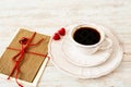 Valentine`s day celebration coffee set with greeting card. Royalty Free Stock Photo