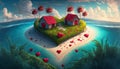 Valentine's card, heart-shaped island, sandy beach, red-roofed huts, palm, hearts, ocean, secluded, romantic getaway