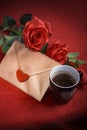 Valentine concept, love letter, rose and a heart cup on a red background Royalty Free Stock Photo