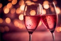 Valentine\'s day celebration toast, pink champagne glasses close up, bokeh lights background. AI generative Royalty Free Stock Photo