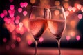 Valentine\'s day celebration toast, pink champagne glasses close up, bokeh lights background. AI generative Royalty Free Stock Photo