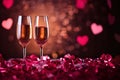 Valentine\'s day celebration with two glasses of wine and romantic red rose petals. Generative AI