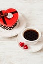 Valentine`s day tea set with cup of coffee and gift box Royalty Free Stock Photo