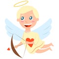 Valentine s Day. Cheerful baby boy cupid angel archer. Pastel blue wings. White skin. Blond hair. Yellow shirt with red heart.