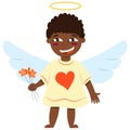 Valentine s Day. Cheerful baby boy cupid angel holding red flowers. Pastel blue wings. Black skin. Brown curly hair. Yellow shirt Royalty Free Stock Photo