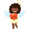 Valentine s Day. Cheerful baby girl cupid angel holding red heart. Pastel blue wings. Black skin. Brown curly hair. Yellow dress. Royalty Free Stock Photo