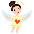 Valentine s Day. Cheerful baby girl cupid angel. Pastel blue wings. White skin. Brown curly hair. Pony tail. Yellow dress with red Royalty Free Stock Photo