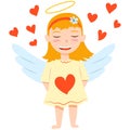 Valentine s Day. Cheerful baby girl cupid angel. Red hearts. Pastel blue wings. White skin. Blond straight hair. Yellow dress. Royalty Free Stock Photo