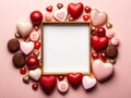 valentine\'s day. Chocolate bonbons and hearts on a pink background