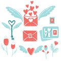 Valentine`s day clip art. Envelope with wings and hearts, flying key and heart, flowers, love postcard with letters Royalty Free Stock Photo