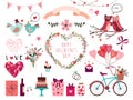 Valentine`s day collection with hand drawn decorative elements