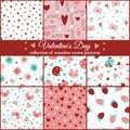 Valentine\'s Day collection of hand drawn seamless vector patterns. Love symbols - heart, romantic message, gift. Royalty Free Stock Photo
