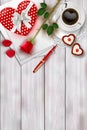 Valentine`s day composition on wooden table with heart shape objects and red rose Royalty Free Stock Photo