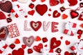 Valentine`s day composition with word love, many different hearts and gifts on white background Royalty Free Stock Photo