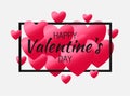 Valentine`s day concept background. 3d red paper hearts with black rectangular frame.