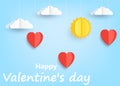 Valentine`s day concept background. 3d red and pink paper cut hearts with white clouds and sun. Vector illustration Royalty Free Stock Photo