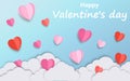 Valentine`s day concept background. 3d red and pink paper cut hearts with white clouds. Vector illustration Royalty Free Stock Photo