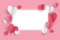 Valentine s day concept background. 3d red and pink paper hearts with white square frame. Cute love sale banner or Royalty Free Stock Photo