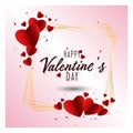 Valentine's day concept background. Vector illustration. 3d red and pink paper hearts with gold square frame. Cute love Royalty Free Stock Photo