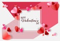 Valentine's day concept background. Vector illustration. 3d red and pink paper hearts with white square frame. Cute love Royalty Free Stock Photo