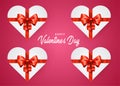 Valentine`s day concept background, white heart boxes with ribbons, 3d red and pink paper hearts with white square frame. Cute lov Royalty Free Stock Photo