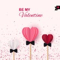 Valentine`s day concept banner with red, pink, white paper hearts on stick with tie-bow on blush background. Vector illustration.