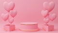 Valentine`s day concept. Circle podium pink pastel color with gold edge, Pink heart balloon on close gift box. 3D Rendering Royalty Free Stock Photo