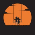 Valentine`s day concept. couple sitting on a swing under sunset background