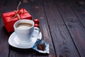 Valentine`s Day concept. Cup of coffee with heart shaped chocola Royalty Free Stock Photo