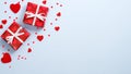 Valentine`s Day concept. Flat lay gift boxes and red hearts on blue background. Top view symbols of love for Happy Women`s, Moth Royalty Free Stock Photo